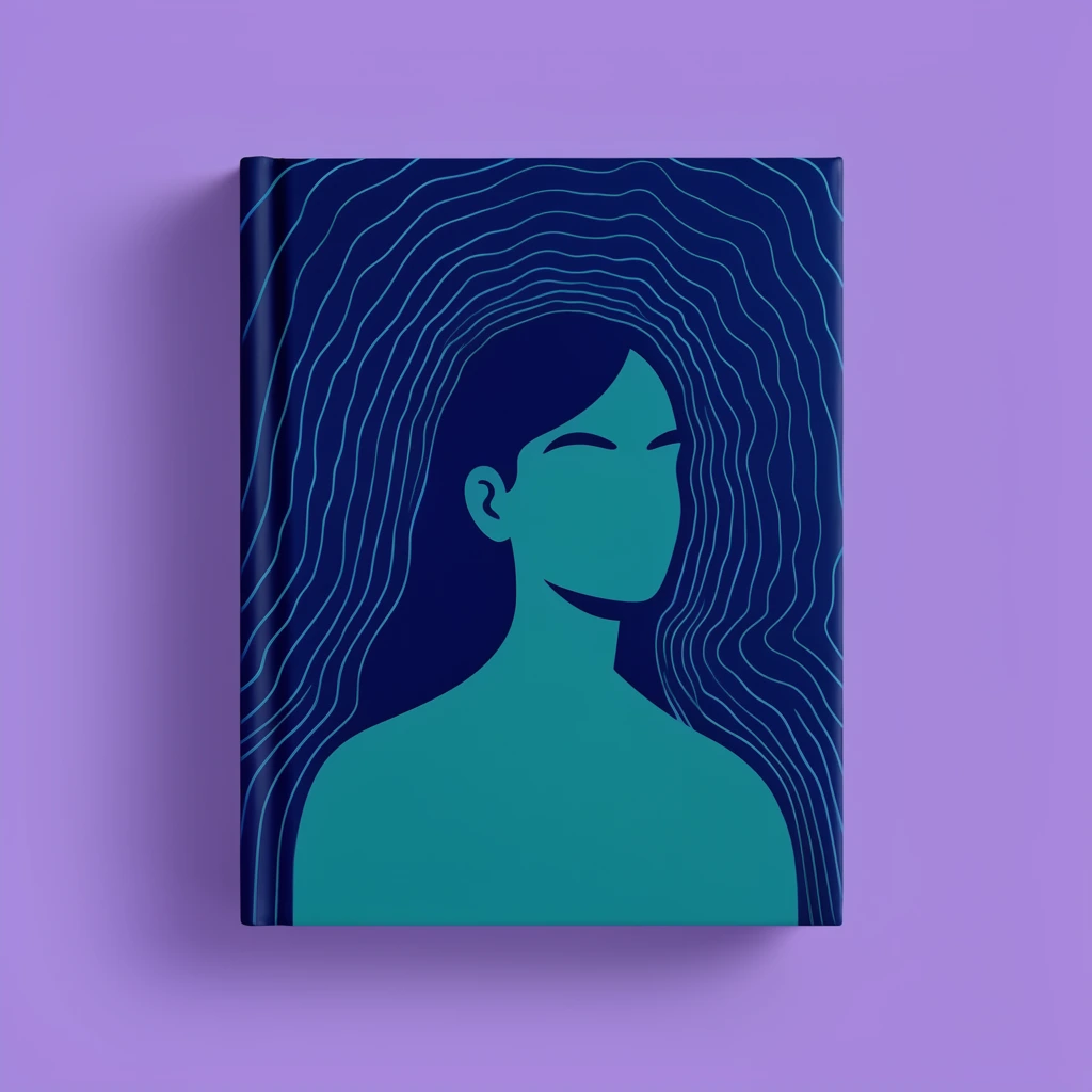 dark blue hardcover book on solid lavender background, minimalist cover illustration, teal silhouette of a woman's head and shoulders, abstract cyan wavy concentric contour lines forming a radiating aura, flat vector art style, clean studio lighting, soft drop shadow, centered composition