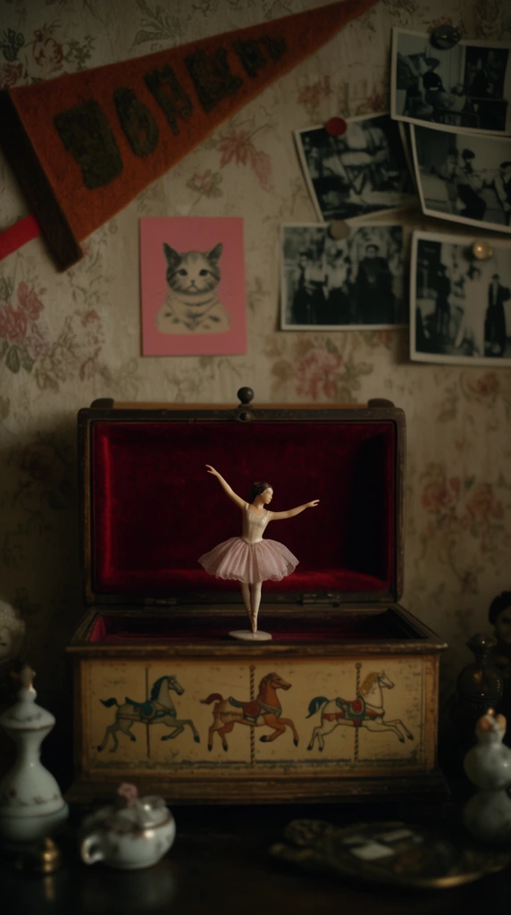 An open vintage music box lined with crimson velvet and a tiny ballerina figurine sits centrally in a dimly lit, nostalgic room. Painted carousel horses decorate the box. Faded floral wallpaper serves as the backdrop, layered with a triangular felt pennant, a pink card depicting a cat, and a cluster of pinned black-and-white photographs. Small porcelain trinkets rest in the shadowy foreground. The cinematic composition utilizes shallow depth of field and warm, muted tones to establish a moody aesthetic.