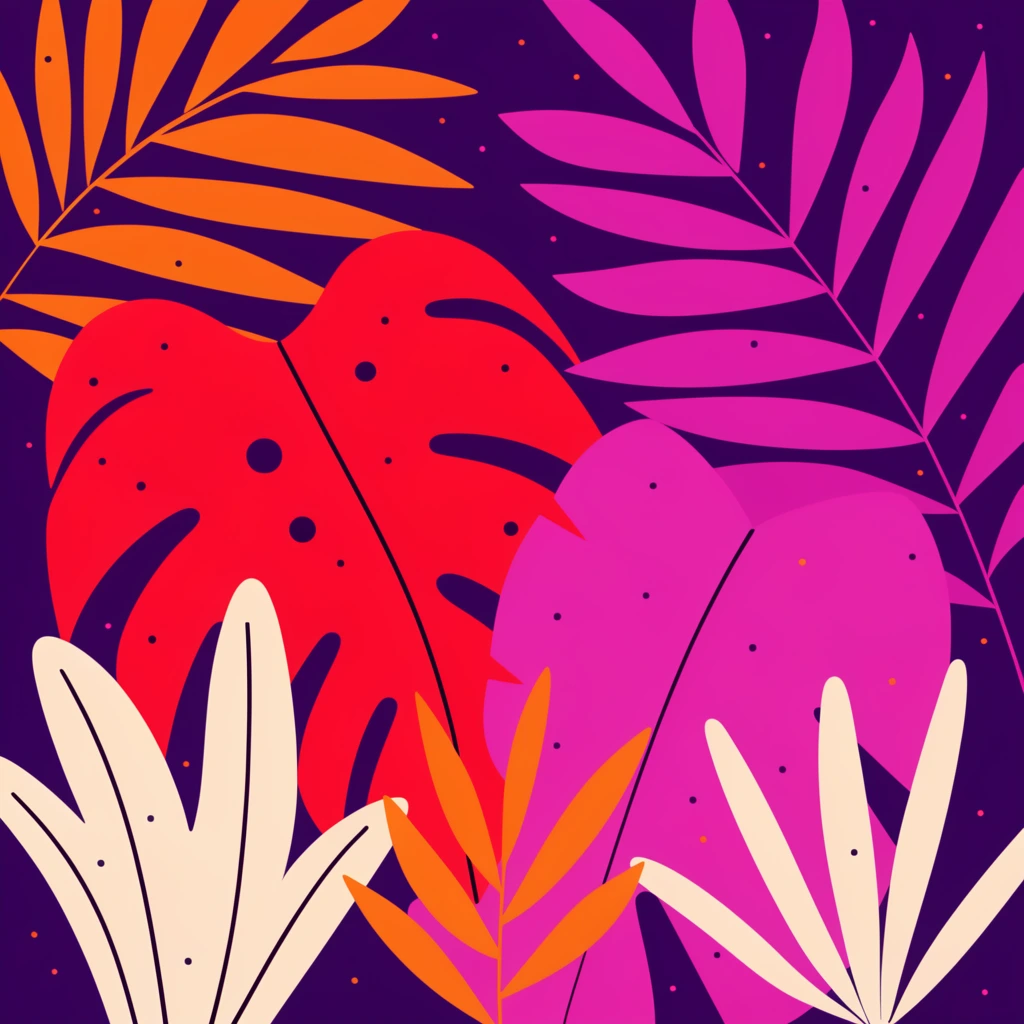 Vibrant flat-vector illustration of stylized tropical flora on a deep purple background. Large overlapping organic shapes form a dense arrangement featuring bright crimson monstera leaves, magenta broad leaves, orange palm fronds, and pale cream plants. Small scattered dots overlay the bold, unshaded color blocks, creating a high-contrast minimalist jungle motif.