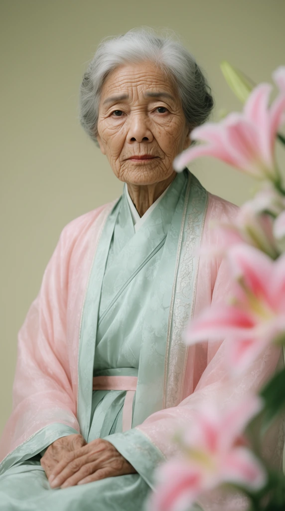 An elderly Asian woman in a pastel pink and celadon green traditional dress sits against a pale olive backdrop. Her sharply focused, lined face is framed by heavily blurred pink lilies in the foreground.