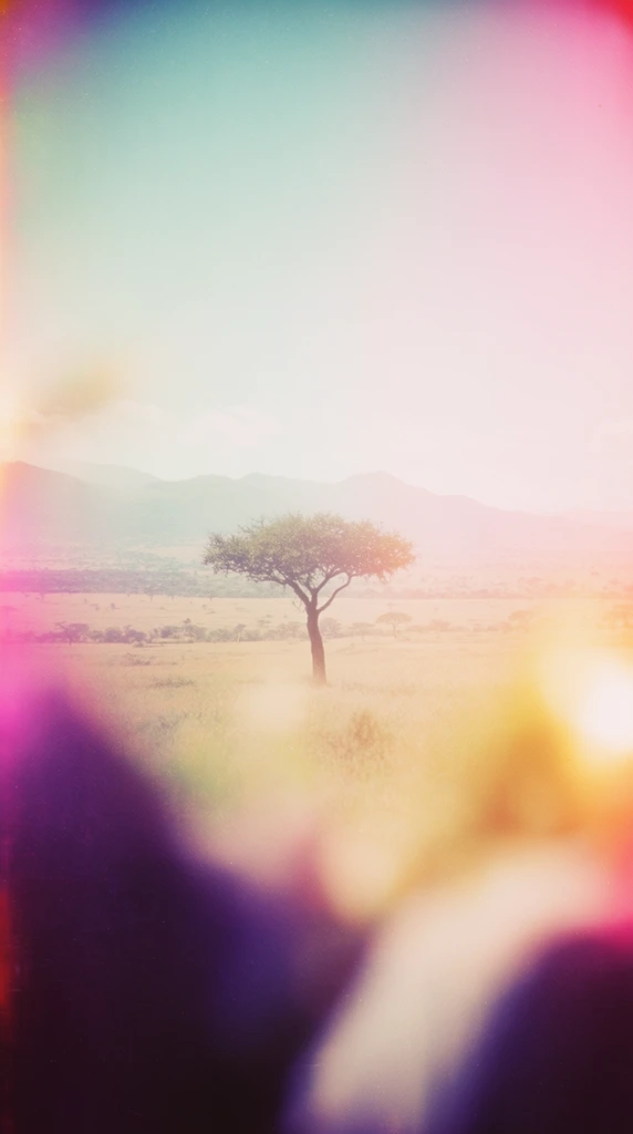 A solitary tree stands prominently in a sprawling savanna, backed by a distant mountain range, rendered in a heavily stylized, vintage analog film aesthetic. The composition is framed by extreme out-of-focus foreground elements that dissolve into vibrant, luminous light leaks in hues of deep purple, magenta, soft pink, and warm golden yellow. The vast savanna plains stretch across the midground, bathed in a hazy, overexposed, and ethereal light. Distant mountains fade into a low-contrast, misty atmosphere, their silhouettes dissolving into a pale, blown-out sky that shifts smoothly from washed cyan to faded pink. The visual treatment mimics expired photographic film or a toy camera lens, characterized by soft overall focus, heavy color bleeding, intense chromatic vignetting, and a dreamlike, nostalgic atmosphere where radiant light washes over the edges of the frame.