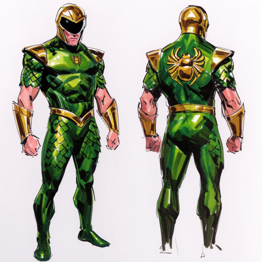 Character reference sheet showing front and back views of a muscular man in a metallic green and gold scaled armor suit. The full-body front view features a dark-visored helmet and a small gold scarab chest emblem. The thigh-up back view displays a large gold scarab on the green torso. Rendered in a dynamic comic book ink and marker sketch style with visible strokes and bold shading against a solid white background.