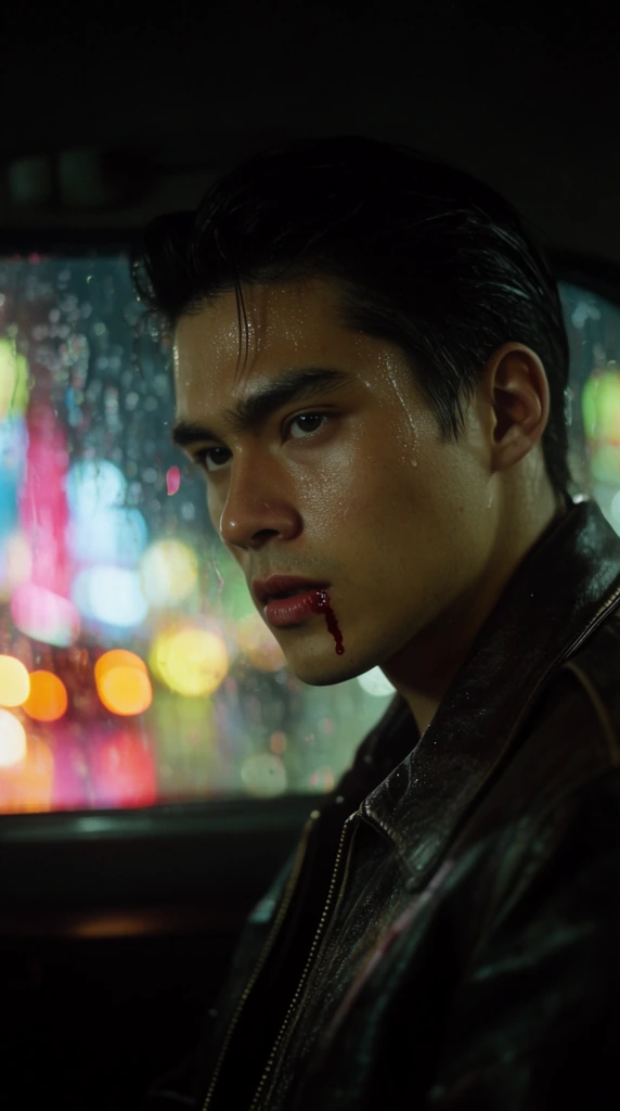 close-up cinematic portrait of a young man with slicked-back dark hair, drop of blood on lower lip, glistening sweat on skin, wearing a dark leather jacket, sitting in a dark vehicle, intense off-camera gaze, rain-streaked window, vibrant neon city lights forming large colorful bokeh in the background, shallow depth of field, moody low-light atmosphere, anamorphic lens, urban night