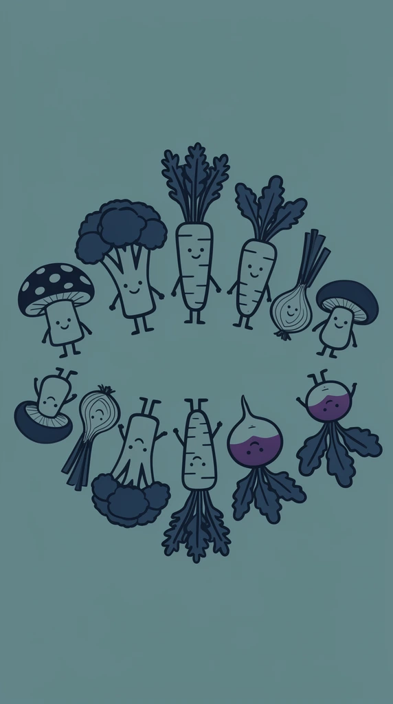 Dark navy anthropomorphic vegetables form two opposing semi-circular arcs on a solid muted teal background. The flat, monochromatic line drawings feature smiling broccoli, carrots, mushrooms, onions, and radishes with stick limbs, arranged upright on top and mirrored upside-down below.