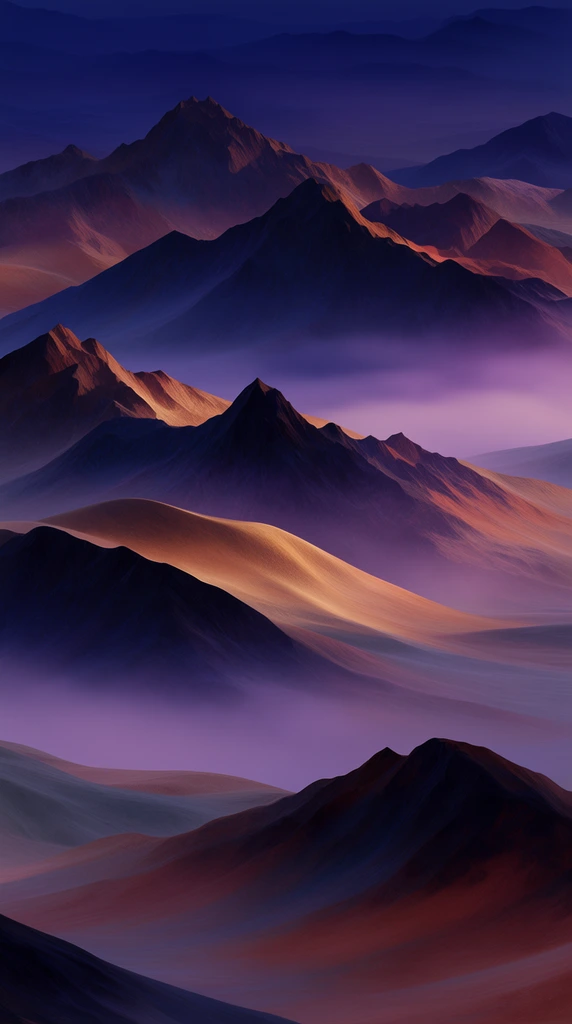 Layered mountain ranges at twilight, sharp rugged peaks contrasting with smooth dune-like valleys, deep indigo and violet shadows, warm terracotta and golden highlights on illuminated slopes, thick purple mist filling midground basins, dramatic directional lighting, soft painterly texture, smooth color gradients, atmospheric depth fading into a dark sky, abstract realism
