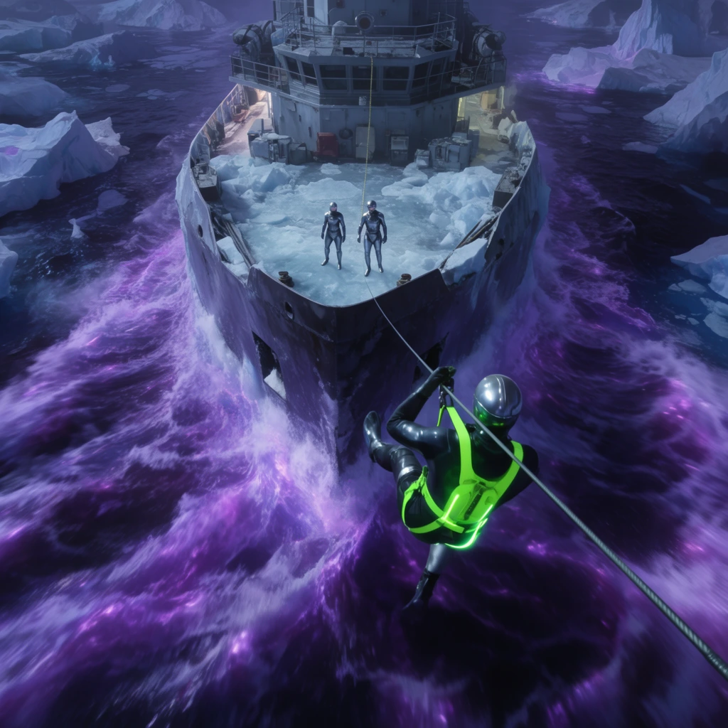 massive armored icebreaker ship plowing through bioluminescent purple waves, high-angle aerial view, alien ocean environment, jagged ice formations in the dark water, two figures in sleek metallic dive suits standing on the icy deck, a third figure in a glowing neon green harness zip-lining downwards toward the ship, high-tension sci-fi rescue scene, cinematic lighting, cool contrasting color palette of deep purples and neon greens, motion blur on the turbulent waves, dramatic atmospheric tension