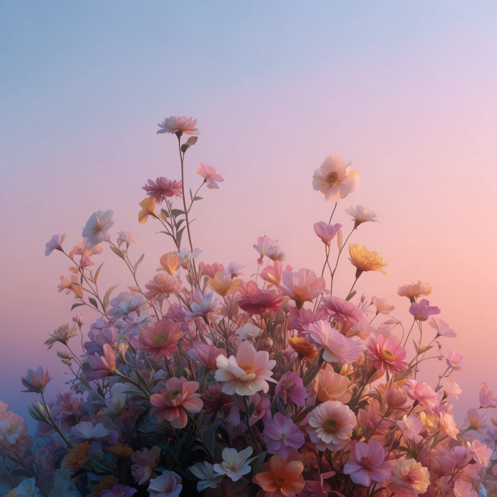 A dense cluster of flowers and their stems filling the lower two-thirds of the frame, with several individual stems extending upward into the sparse upper third. The floral arrangement is rendered in a hyper-realistic, surreal aesthetic with crisp, flawless textures. Soft, ethereal, diffused twilight lighting casts gentle, warm highlights across the petals and foliage. The subject is set against a plain, seamless background consisting of a smooth, luminous gradient of powder blue, dusky pink, and warm peach pastel tones. The overall visual treatment features a tranquil, atmospheric mood, utilizing a serene, pastel-dominated color palette and volumetric light to create a dreamlike, liminal quality.