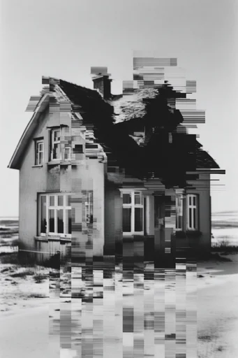Monochrome Glitch Noir style reference image — digital distortion