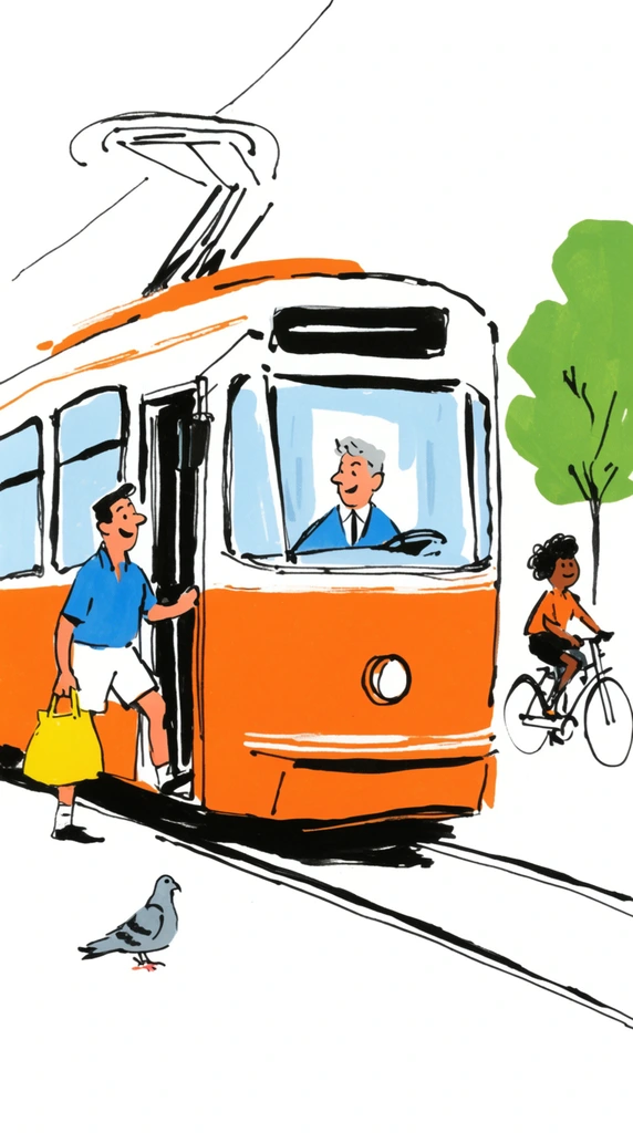 A vibrant, retro-style illustration features a bright orange and white tram on minimalist black tracks against a stark white background. A smiling man in a blue shirt and white shorts steps aboard the open side doors carrying a yellow bag, while a grey-haired driver sits behind the large front windshield. To the right, a cyclist with dark curly hair pedals past a simple green tree. A grey pigeon stands in the foreground. The artwork utilizes loose, expressive black ink outlines and flat color fills characteristic of mid-century editorial cartoons.