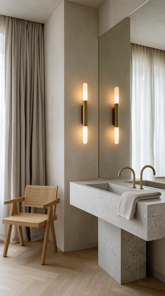 A minimalist interior space featuring a thick, light grey speckled stone washbasin equipped with a curved brass faucet and a folded textured towel. A large frameless mirror reflects the serene room. Against a matte beige plaster wall, two vertical tubular wall sconces emit warm light from frosted glass ends. A natural wood chair with woven rattan panels sits on a light wood chevron floor beside gathered floor-to-ceiling neutral curtains, all bathed in soft, diffused lighting.