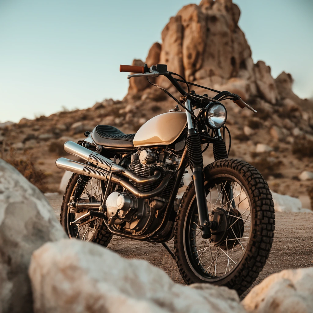 A custom scrambler motorcycle sits parked on dusty terrain within a rocky desert landscape. The vintage-style bike features a tan fuel tank, ribbed black seat, and prominent high-mounted dual silver exhaust pipes on its right side. Details include wide handlebars with brown grips, a round headlight, black fork gaiters, and spoked wheels with heavy knobby tires. Out-of-focus light-colored rocks frame the immediate bottom left foreground, creating a shallow depth of field. A towering, weathered rock formation rises in the soft background against a clear pale blue sky. The scene is captured in warm golden hour sunlight, highlighting the metallic and rugged textures in a cinematic automotive photography style.