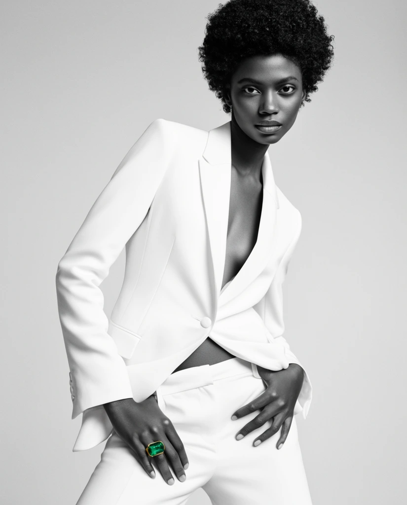 high fashion studio portrait, Black woman with short curly afro, crisp white tailored pantsuit, hands tucked into trousers leaning forward, direct gaze, monochromatic photography with selective color highlighting a vivid emerald ring, solid light grey backdrop, sharp focus, minimalist editorial style