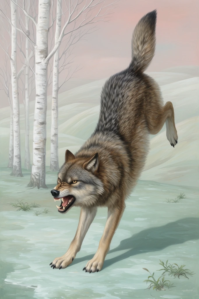 surreal painting of a wolf balancing on its two front paws, hindquarters levitating high into the air, mouth open in a fierce snarl, thick brown and grey fur, icy pale green ground with sparse weeds, front legs casting a shadow, bare white birch trees to the left, rolling pale hills, soft pinkish-grey sky, muted pastel tones, detailed brushwork