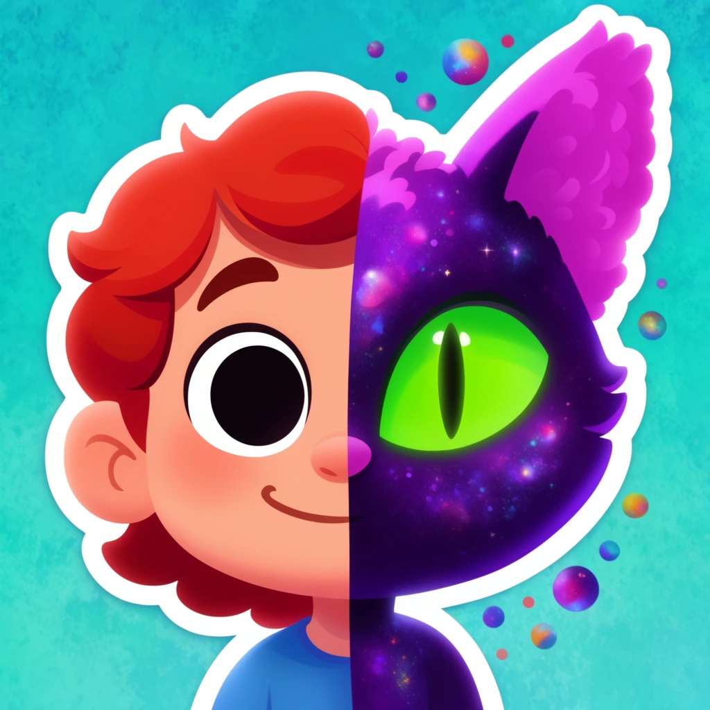 split-face portrait of a cartoon character transitioning between two forms, left half showing a human child with wavy red hair and a large black eye smiling, right half showing a cosmic feline alien with purple skin and a glowing neon green slit-pupil eye, fluffy magenta ears, stardust textures, vibrant 2D digital illustration, thick white sticker-like outline around the silhouette, floating cosmic orbs, soft gradients, bright turquoise textured background