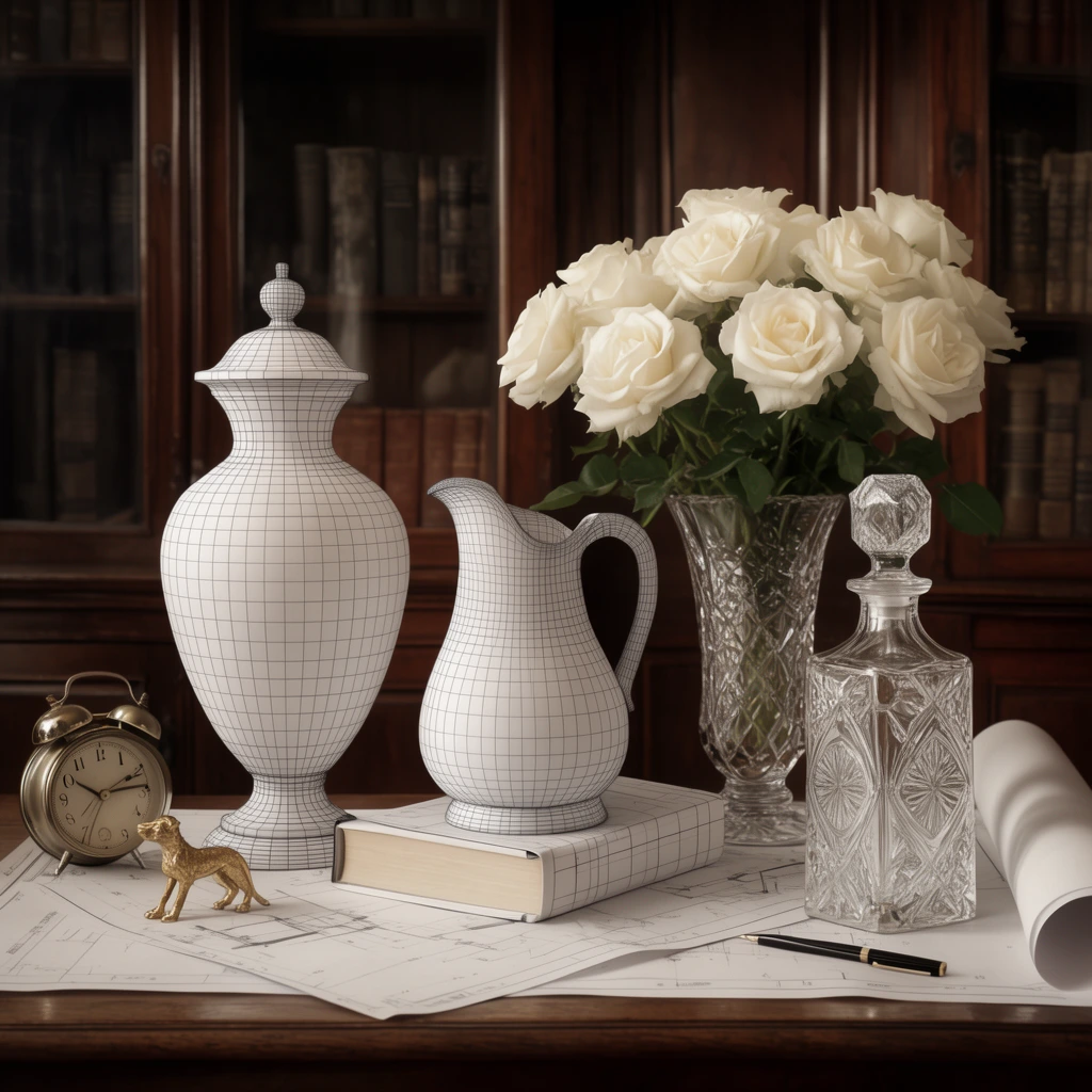 A surreal still life composition blends wireframe sketches into physical three-dimensional objects on a wooden desk. A curling roll of drafting paper supports grid-lined vessels, including a tall urn, a pitcher resting on a book, and an ornate decanter. These trompe l'oeil structural objects contrast with the hyper-realistic surroundings. A crystal vase filled with blooming white roses sits alongside a vintage alarm clock and a small gold figurine on flat blueprints. Dark mahogany cabinetry fills the softly lit classic study, emphasizing a warm sepia and ivory color palette.