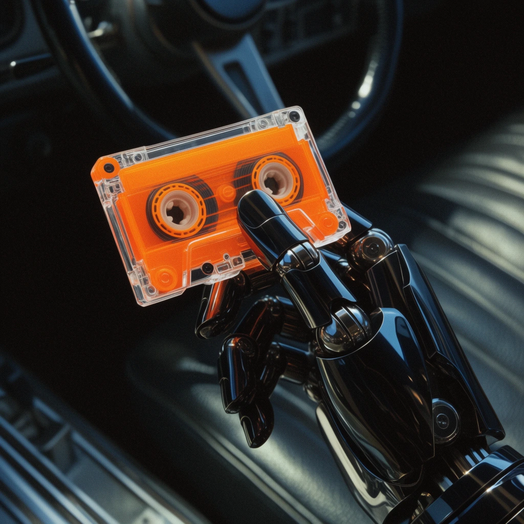 close-up of a glossy black articulated mechanical hand holding a clear and bright orange microcassette tape, highly reflective segmented armored fingers, transparent casing showing internal spools, dark atmospheric vehicle interior background, out-of-focus steering wheel, ribbed seat upholstery, cinematic lighting, macro photography, shallow depth of field, retro-futuristic sci-fi aesthetic
