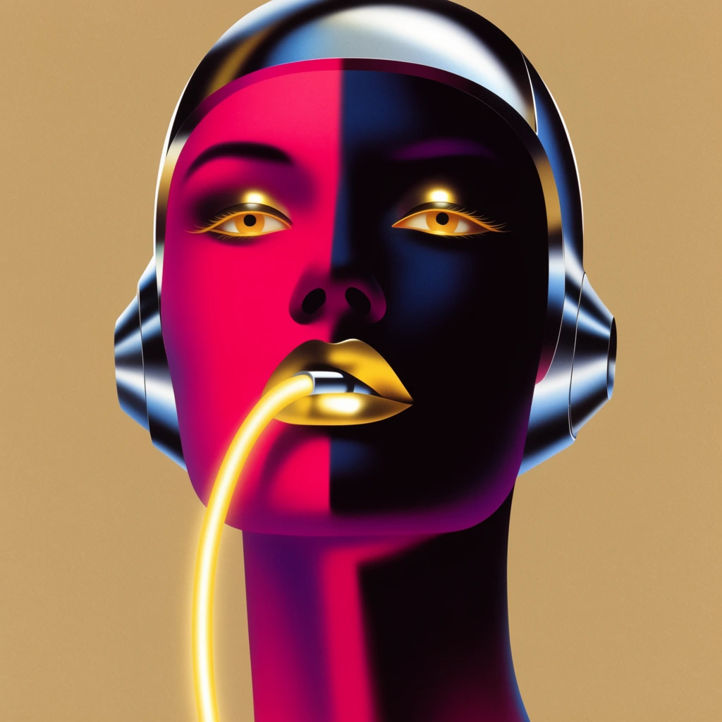 sci-fi android portrait, split-toned magenta and obsidian face, golden eyes, gold lips holding a glowing optic cable, sleek metallic headpiece, stark vertical shadow line, long neck, flat tan background, airbrushed pop-art aesthetic