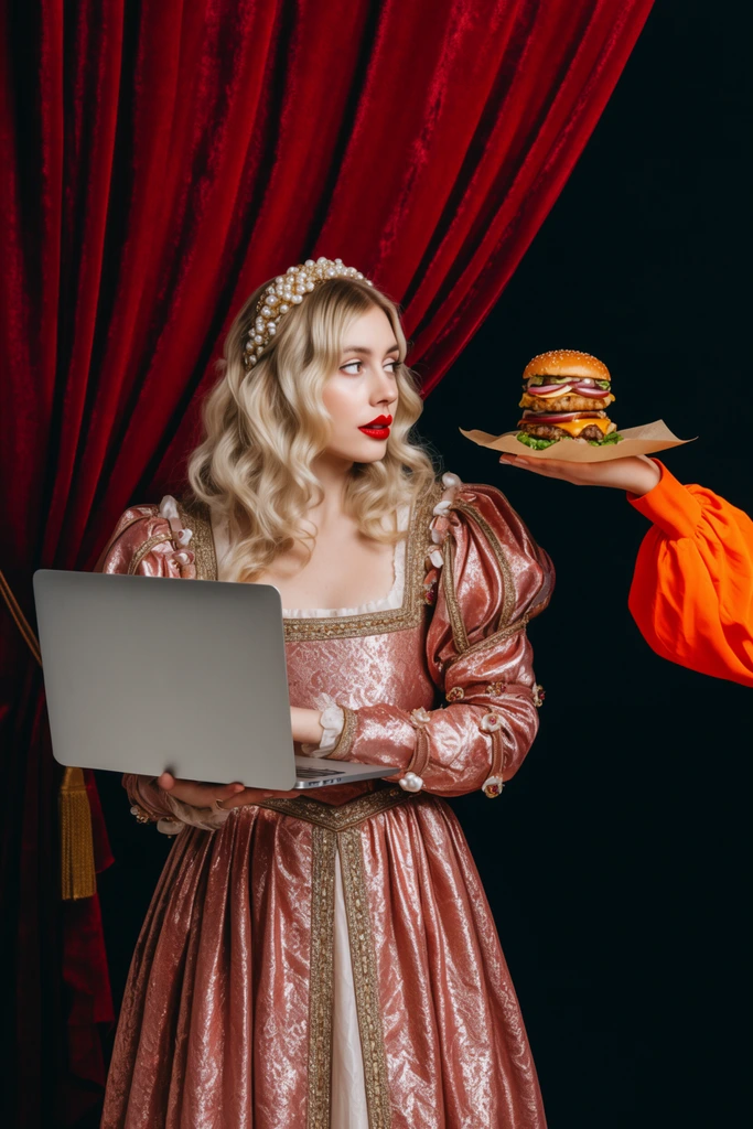 Woman in a shimmering rose-gold Renaissance gown holding an open silver laptop, turning to look at a tall stacked burger on parchment paper offered by an arm in a bright orange sleeve, blonde hair with pearl headpiece, red lips, draped red velvet curtain, black backdrop, high contrast studio lighting, anachronistic juxtaposition, rich textures