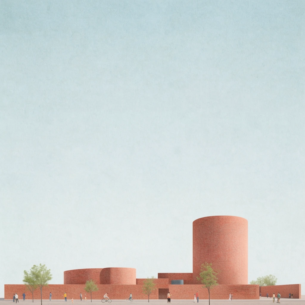 A minimalist architectural rendering of a red brick complex featuring a prominent cylindrical tower, lower curved volumes, and a long perimeter wall. The geometric forms anchor the bottom edge beneath a vast, pale blue sky that dominates the composition with expansive negative space. Tiny stylized figures walk and cycle along a flat paved foreground scattered with small trees. The artwork utilizes a flat orthographic perspective, soft pastel tones, and a matte, paper-like texture.