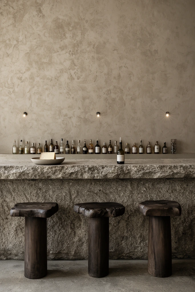 minimalist rustic bar interior, massive rough-hewn stone counter, three dark wooden stools with uneven tops and thick cylindrical bases, row of assorted glass bottles on a back ledge, shallow bowl holding a cheese wedge beside a single bottle, deeply textured mottled beige plaster wall, three tiny wall sconces casting subtle starburst light, wabi-sabi aesthetic, earthy color palette of warm greys and browns, soft diffused lighting, straight-on symmetrical composition, high texture architectural photography