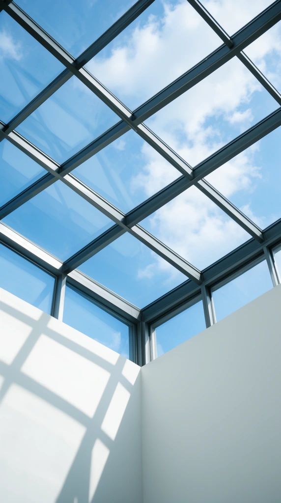low angle upward view of a glass skylight with a dark grey metallic grid frame, bright blue sky and scattered white clouds visible through transparent panels, smooth white interior walls meeting at a corner below, sharp geometric shadows of the window frame cast onto the left wall, strong diagonal lines, minimalist architectural photography, bright natural daylight, high contrast, clean modern aesthetic