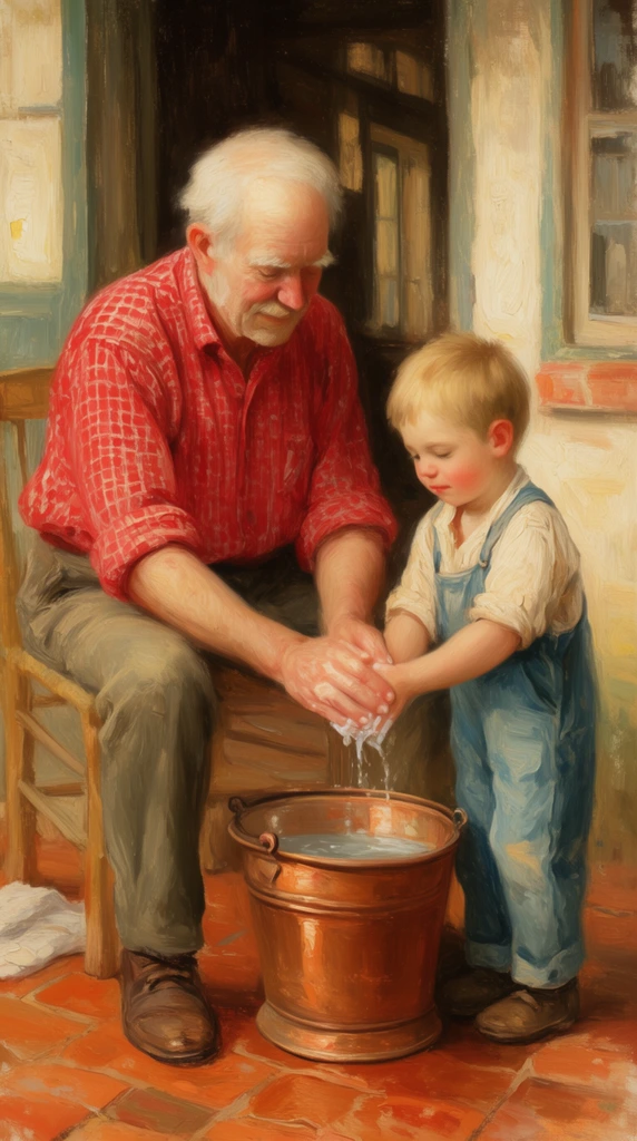 impressionist oil painting, elderly man in red checkered shirt washing hands of young boy in overalls in a copper bucket, rustic sunlit porch, terracotta floor, soft warm lighting, thick visible brushstrokes