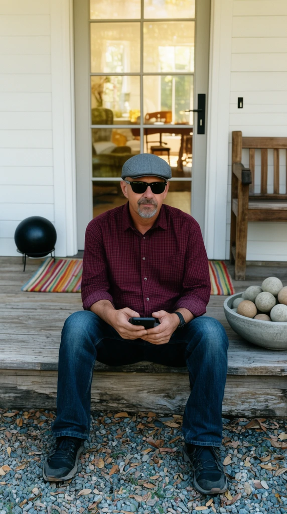 middle-aged man with a goatee sitting on a weathered wooden porch, wearing a grey flat cap, dark sunglasses, maroon checkered shirt, holding a smartphone in his lap, white house exterior, multi-paned glass door reflecting light and revealing interior furniture, colorful striped doormat, black spherical object on a stand, wooden bench, large bowl filled with round spheres, foreground gravel with fallen leaves, natural daylight, candid photography