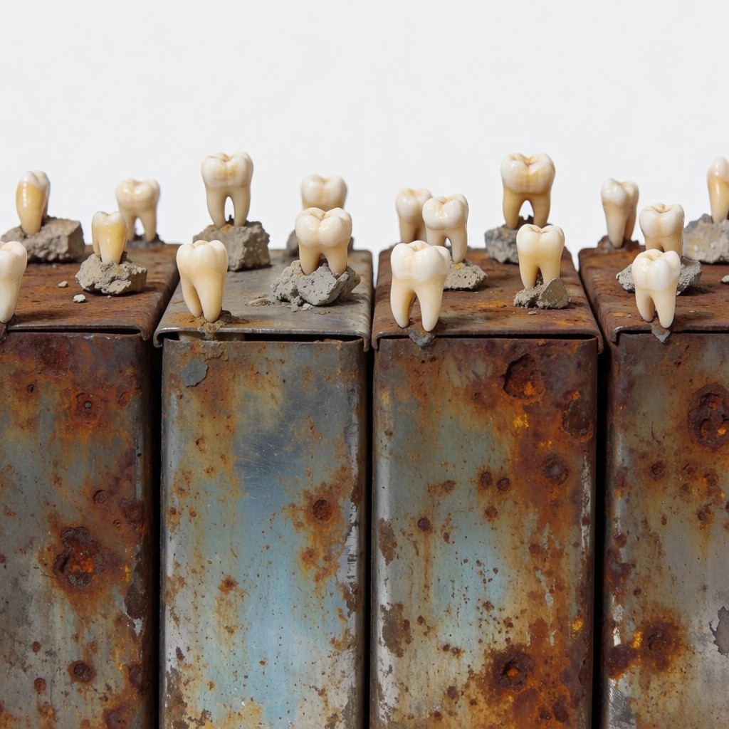 An abstract composition features a horizontal row of small, yellowish-white objects resembling human molars embedded in a weathered, metallic surface above a series of vertical, rusty channels. Eight small teeth are arranged in a line across the upper third of the frame, though the fifth position from the left is empty, showing only a dark, circular recess surrounded by orange rust. Each tooth sits within a small, rusted pit. Directly below this row, eight elongated, vertical streaks or grooves extend toward the bottom edge, each roughly aligned with a tooth or its corresponding socket. These vertical channels are heavily textured with thick, crusty deposits of rust in shades of vibrant orange, deep reddish-brown, and ochre, with some containing patches of whitish-gray mineral-like buildup. The background surface is a flat, metallic plate with a mottled patina of greenish-gray, muted blue, and pale yellow, characterized by a bumpy, pitted texture and several fine, dark cracks that branch across the lower half. The lighting is even and diffuse, emphasizing the varied textures of the smooth teeth, the flaky rust, and the oxidized metal. The perspective is a direct, front-on close-up, creating a grid-like arrangement of organic and industrial elements.