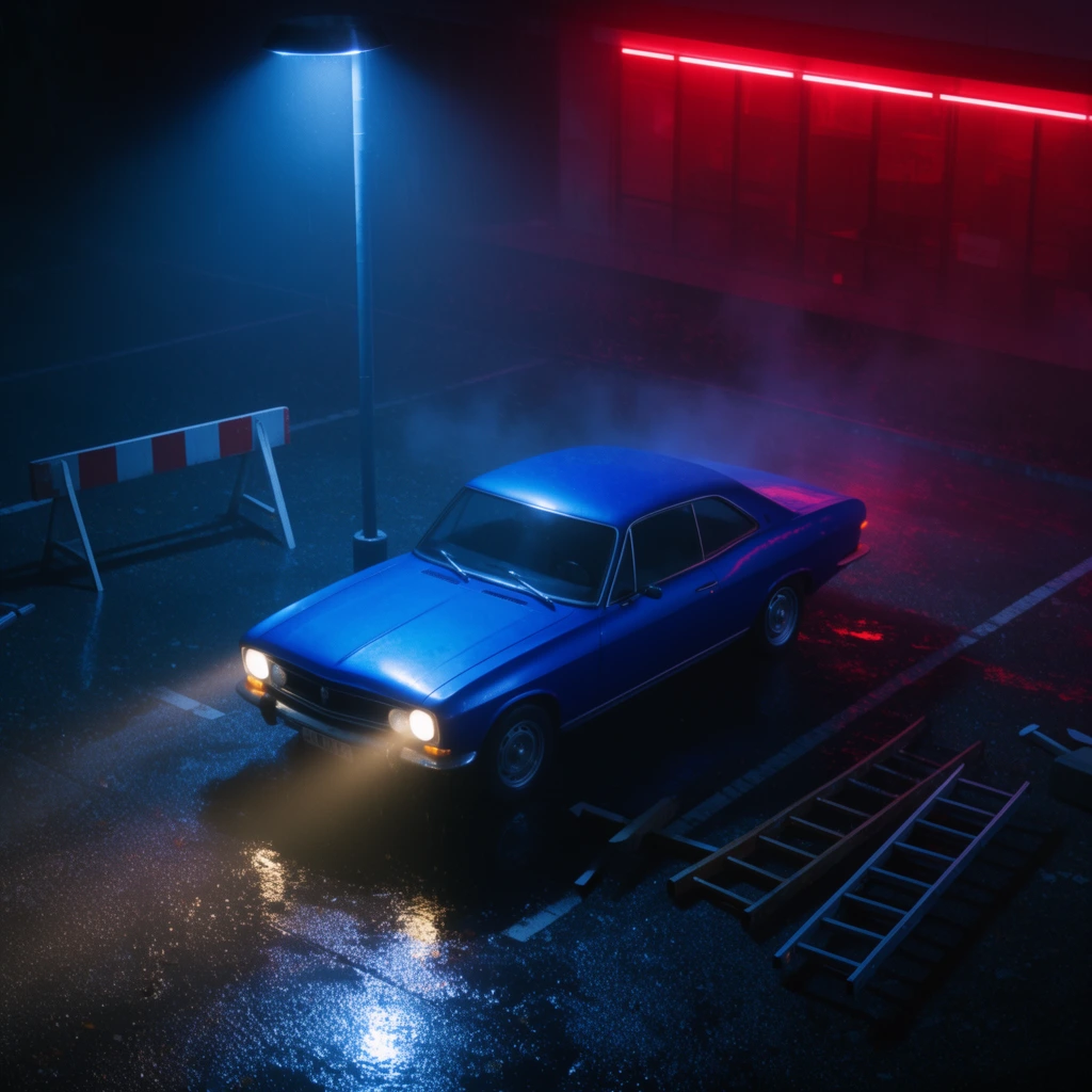 high angle view of a classic blue coupe parked in a wet night parking lot, vintage car with glowing headlights, illuminated by a cold overhead blue streetlamp, wet asphalt with reflections, dark background building emitting a neon red glow, scattered ladder and barrier, moody cinematic neon noir lighting, deep blues and vibrant reds, atmospheric mist
