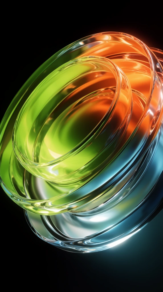 abstract 3D rendering of nested translucent rings, sweeping spiral composition on a pure black background, vibrant color gradient from luminous lime green to fiery orange shifting to metallic cyan, highly reflective glass-like material, thick refractive edges, brilliant specular highlights, smooth sweeping curves, diagonal visual flow, dramatic high-contrast lighting, glowing internal luminescence