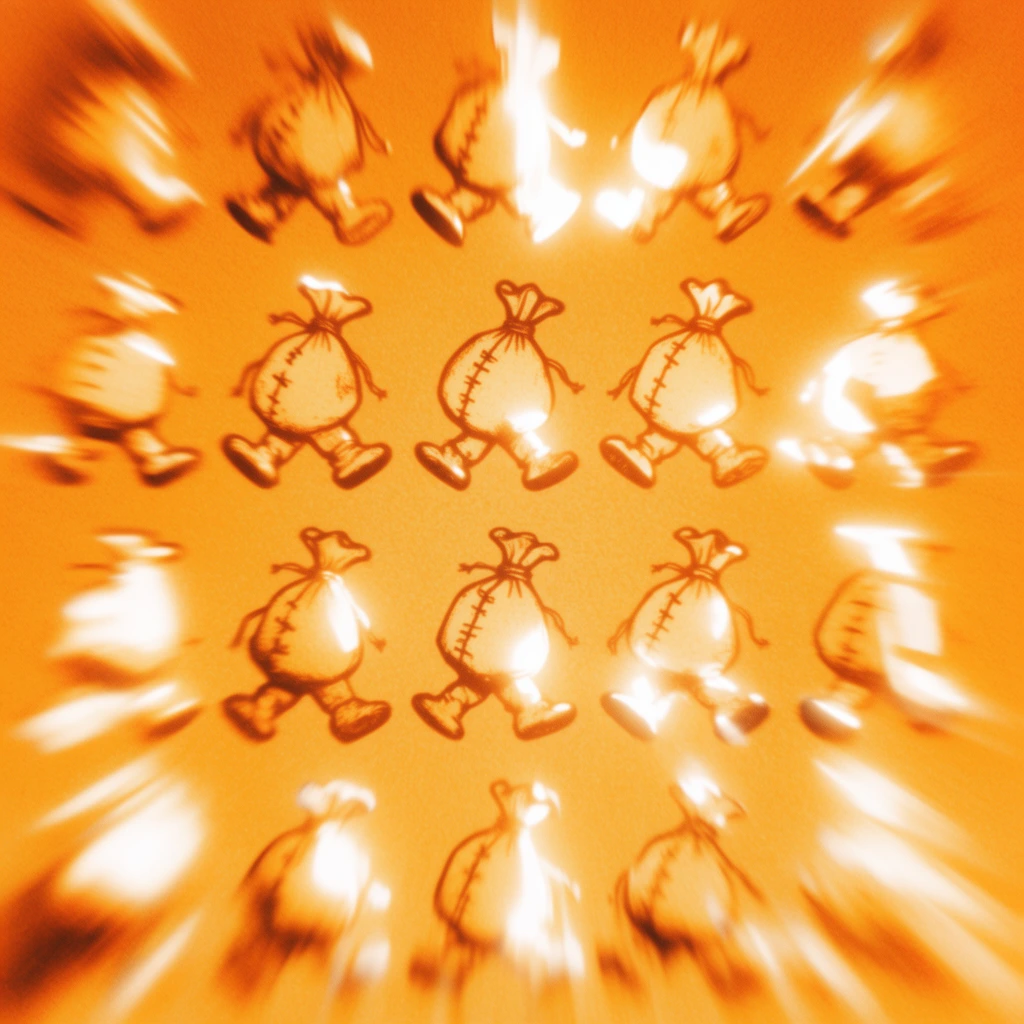 Fifteen sequential drawings of a stitched sack arranged across four horizontal rows, each capturing a distinct stage of a walking or jumping animation cycle. The composition is entirely saturated in an incandescent, monochromatic orange and yellow color palette, heavily distorted by an aggressive radial zoom blur that streaks forcefully outward. Overexposed, blown-out white highlights create a glowing, high-contrast halation effect across the sequence, dissolving parts of the drawings into brilliant light leaks. A dense, coarse film grain texture overlays the entire frame, merging the individual sack illustrations into a kinetic wash of radiating color, deep shadows, and luminous motion streaks.