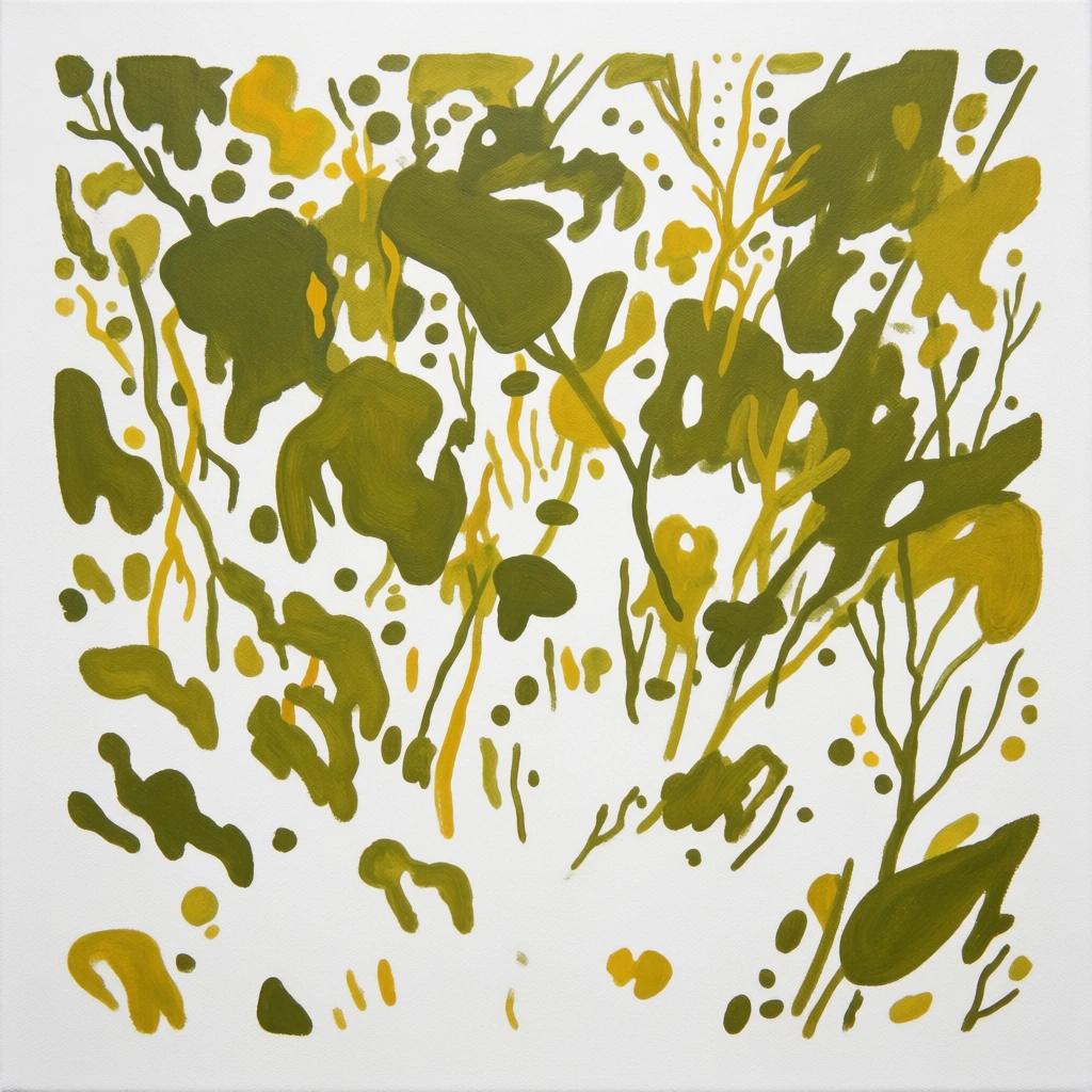 An abstract painting depicts olive green and mustard yellow foliage silhouettes across a textured, off-white background. The green forms are concentrated primarily in the upper half of the square canvas, cascading downwards from the top and sides to resemble overhanging branches. These organic shapes vary from large, leafy clusters to thin, spindly stems and small, circular dots reminiscent of berries. The green areas feature a range of tones from light, desaturated chartreuse to deep olive, with a stippled and slightly translucent texture that allows the white base to peek through in places. Conversely, numerous small, white circular voids are scattered within the larger green masses, creating a play between positive and negative space. At the bottom left and right, thin lines extend into isolated leaf-like shapes that appear to float in the vast white space. In the top left corner, faint, pencil-like script reads "D. Hill" followed by the number "07". The composition is characterized by its graphic, high-contrast style and flat perspective, emphasizing the intricate patterns of the silhouettes over three-dimensional form. The lighting is uniform and diffused, highlighting the granular texture of the paint across the entire surface.