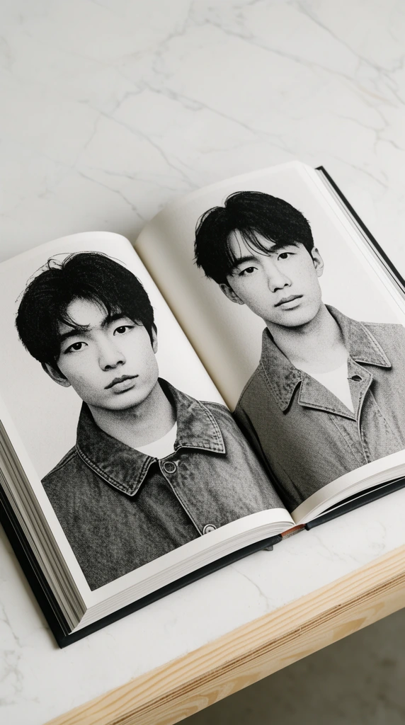 An open book rests diagonally on a veined white surface above a plywood edge. The spread displays grainy black-and-white halftone portraits of two young East Asian men in vintage collared jackets. Soft overhead lighting casts gentle shadows into the binding crease.