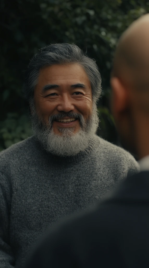 Cinematic over-the-shoulder shot of an older Asian man with a thick grey beard in a grey wool sweater. He smiles warmly at the person off-camera. The right foreground holds the heavily blurred shoulder and bald head of a second person. Dark, out-of-focus green foliage fills the background. Soft natural lighting, shallow depth of field, anamorphic widescreen framing.