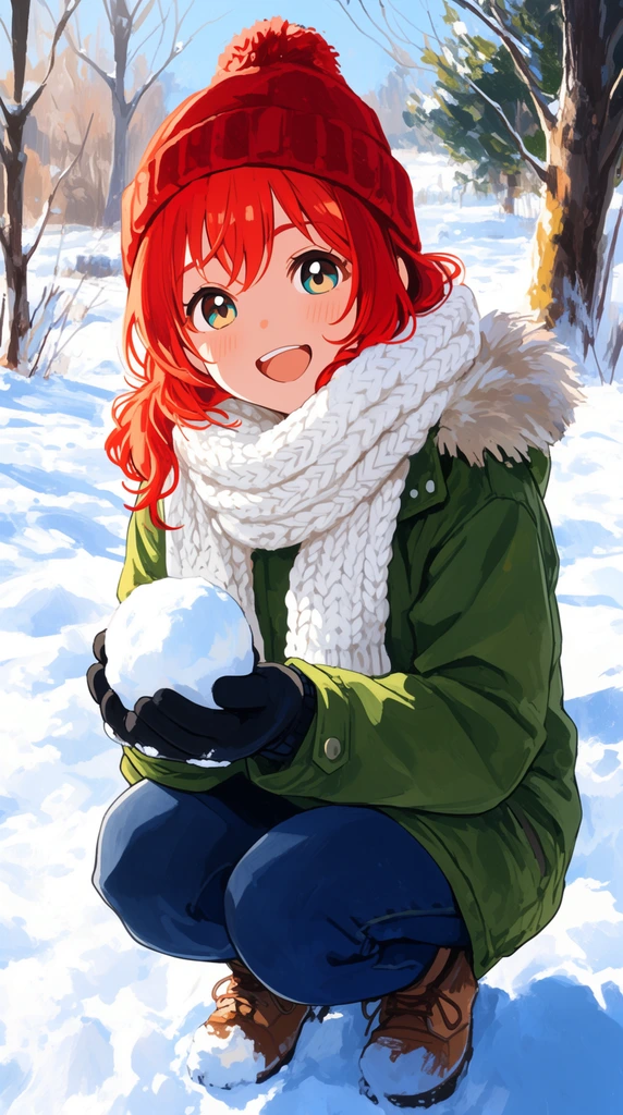 A joyful anime-style redhead girl crouches in bright snow, smiling at the camera. She wears a green parka, chunky white scarf, and red beanie, holding a fresh snowball. Sunlit winter landscape.