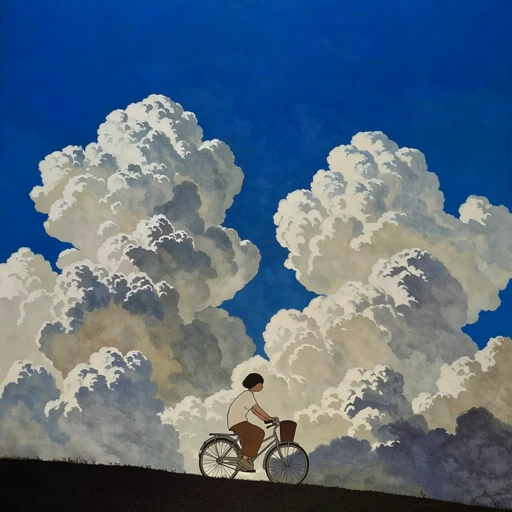 a low-angle anime-inspired illustration of a character on a bicycle, deep cobalt blue sky, two massive towering white and grey cumulonimbus clouds parted symmetrically in the middle, painterly textures with soft watercolor-like gradients, dark silhouetted hill at the base, minimalist character design in a white t-shirt and brown pants, nostalgic japanese summer aesthetic, flat-shaded cel-animation style, high-contrast lighting, expansive and serene composition.
