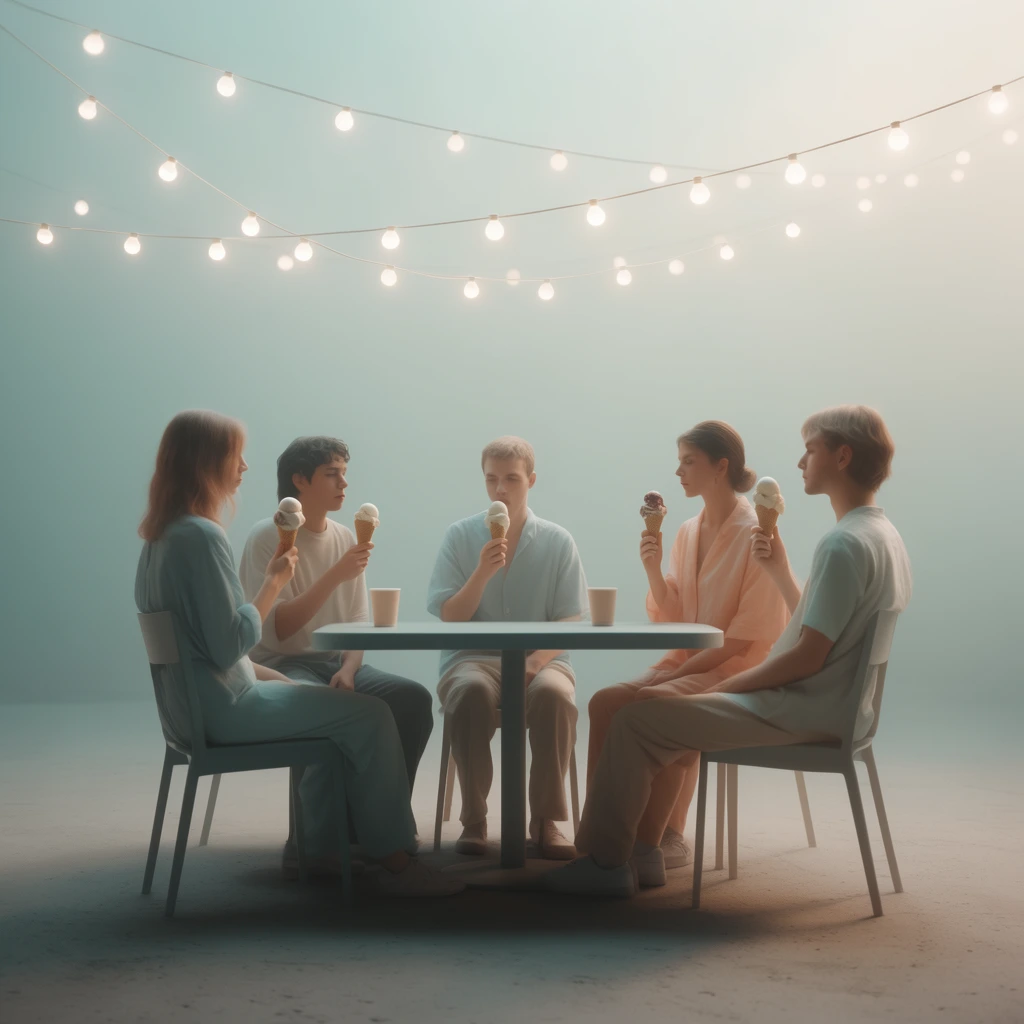 Five people sit around a minimalist table holding ice cream cones beneath hanging string lights in a surreal, softly luminous, and cinematic environment. The individuals are seated evenly around the smooth table surface, each gripping an ice cream cone, with two cups resting squarely on the tabletop. Overhead, glowing string lights drape across a vast, atmospheric expanse. The scene is bathed in diffused, volumetric lighting that casts gentle, soft-edged shadows. The color palette is governed by low-saturation pastel tones, featuring pale aquamarine, dusty blue, soft peach, and muted beige. The composition employs a wide, meticulously balanced framing with pristine, hyper-realistic textures characteristic of high-end digital matte painting. A dense, luminous atmospheric haze permeates the background, establishing a tranquil, ethereal, and monumental aesthetic.
