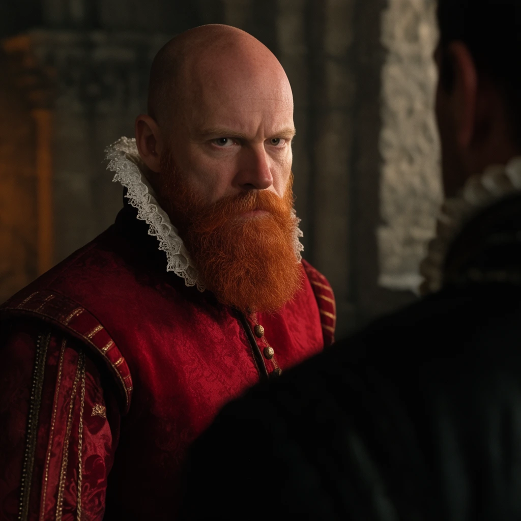 bald man with thick red beard in a crimson doublet and lace collar, intense expression, over-the-shoulder shot past an out-of-focus figure, dim stone chamber, cinematic side lighting