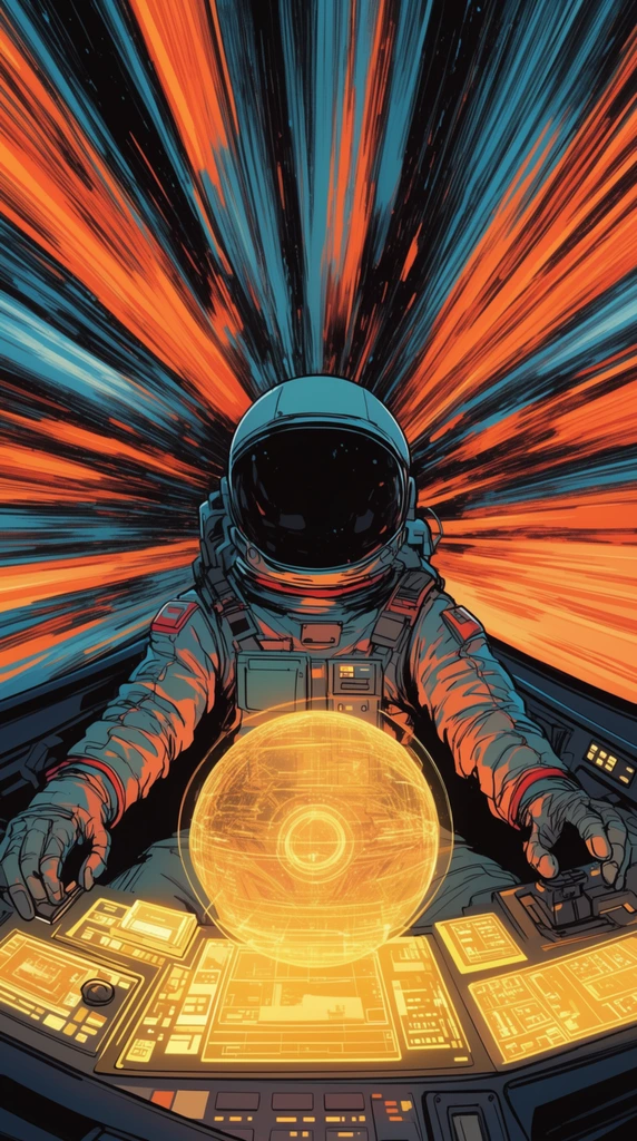 Astronaut in cockpit, glowing yellow control panels, spherical hologram, dynamic warp speed background, radiating orange and cyan streaks, comic illustration, high contrast