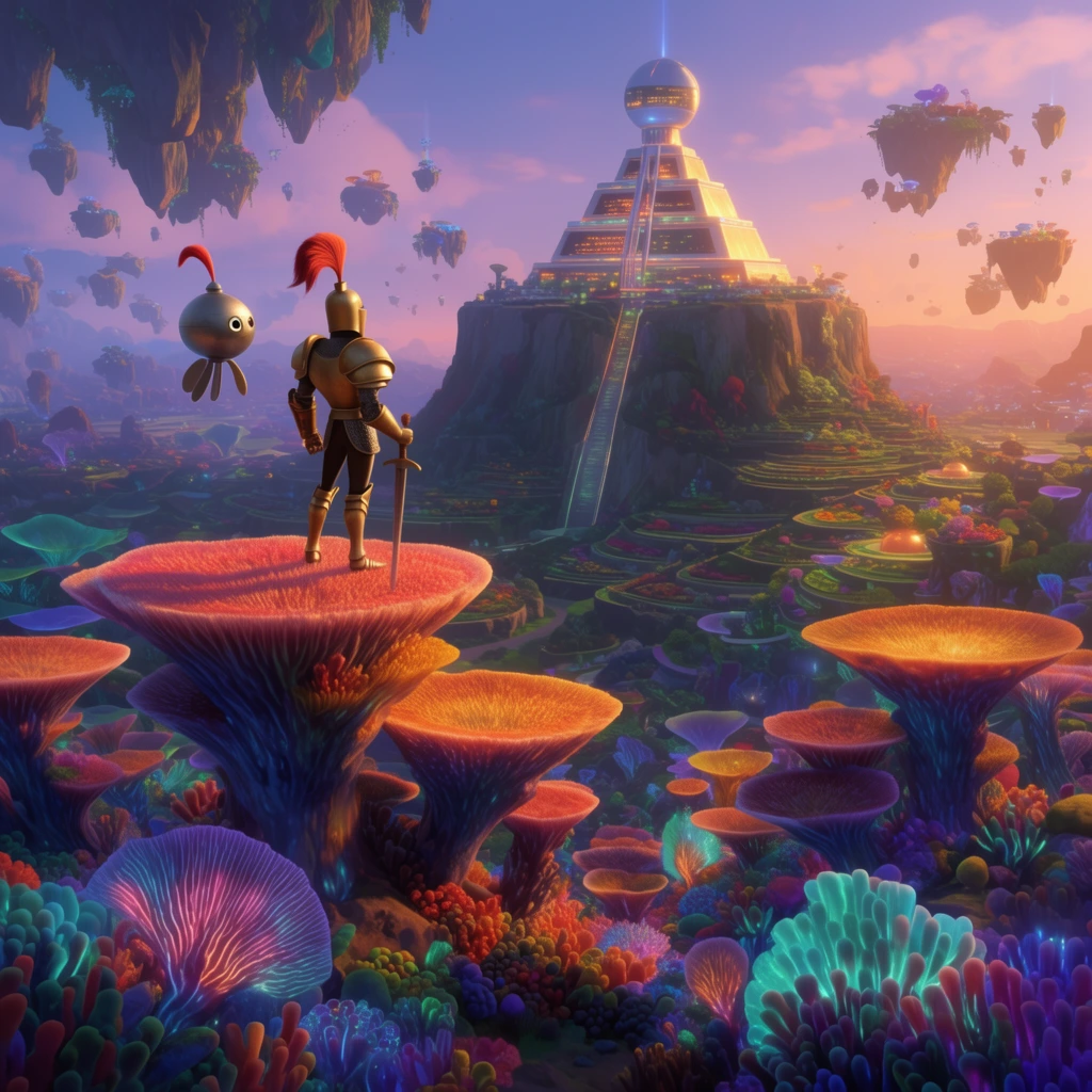 A tall knight in golden armor and a floating metallic orb companion stand atop giant, flat-topped bioluminescent coral structures, overlooking a vibrant alien valley. In the distance, a glowing futuristic ziggurat rests on a steep central plateau amid terraced gardens and floating islands. Rendered in a cinematic 3D animated style, the wide-angle composition uses warm twilight lighting to emphasize vast scale.