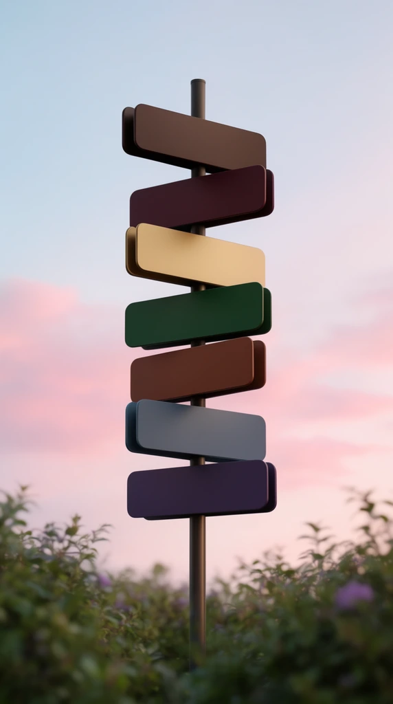 A tall multi-directional signpost stands against a pastel twilight sky. Seven rectangular plaques are stacked vertically on a central pole, each positioned at varying angles. The rounded signs feature muted shades of dark brown, maroon, gold, forest green, sienna, slate blue, and deep purple. Soft, out-of-focus green foliage with hints of purple blooms fills the foreground, establishing a shallow depth of field. The backdrop is a serene sky transitioning from pale blue to soft pink clouds. The smooth, high-fidelity composition uses diffused lighting to highlight the sleek edges of the staggered directional markers.