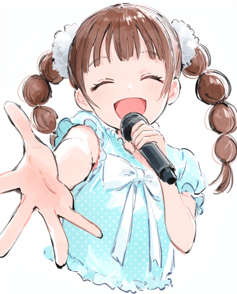 joyful anime girl singing into a microphone, dynamic perspective with left hand reaching out in bold foreshortening, wide open-mouthed smile, closed eyes, brown bubble pigtails, fluffy white scrunchies, light blue polka dot top with white bow, sketchy expressive linework, pastel digital watercolor style, solid white background