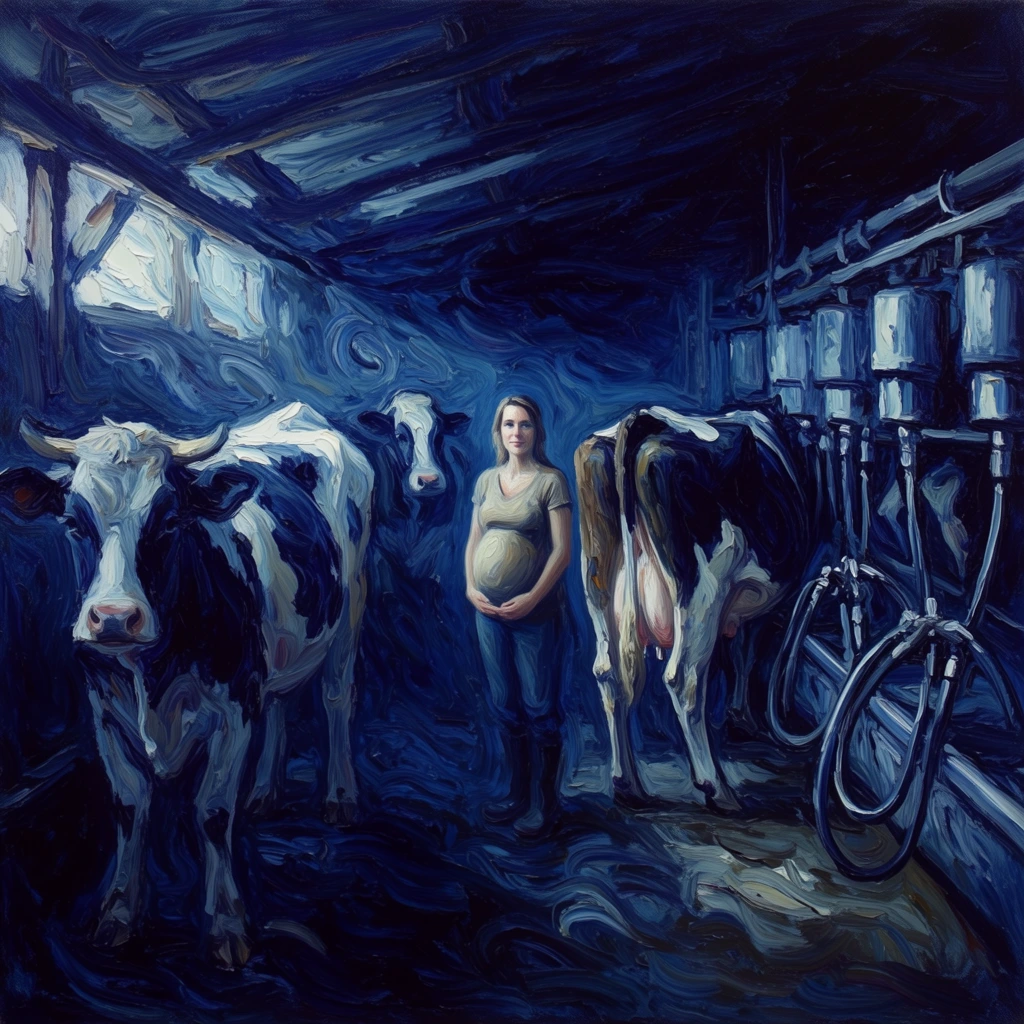 A pregnant woman stands centrally within a barn alongside cows and milking machines, rendered in a highly expressive oil painting characterized by turbulent, swirling brushwork. The woman serves as the luminous focal point, her figure captured in pale, subtle earthy tones that contrast dramatically against the enveloping darkness. Surrounding her, the imposing forms of the cows and the mechanical structures of the milking machines are heavily stylized, formed by thick, sweeping impasto strokes that dissolve the boundaries between the subjects and the rustic interior. The barn environment is constructed entirely of deep midnight blues, rich indigos, and stark, icy white highlights applied with dynamic, rhythmic arcs of thick pigment. Dramatic, high-contrast lighting cascades from the upper left, catching the raised textures of the heavily layered paint and casting deep shadows into the troughs of the brushstrokes. The predominantly monochromatic blue palette and the continuous, fluid motion of the paint create an ethereal, intensely atmospheric scene where the industrial and organic elements merge into a unified, deeply textured composition.