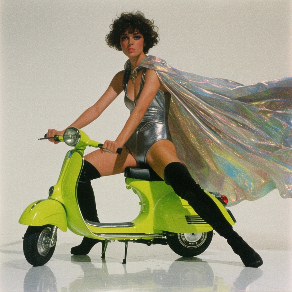 woman with short dark curly hair, metallic silver leotard, thigh-high black boots, iridescent cape blowing sideways, straddling a miniature neon green retro scooter, gripping handlebars with legs spread wide, glossy white studio floor, stark white background, vintage 1970s fashion photography, high-key lighting, film grain, retro aesthetic