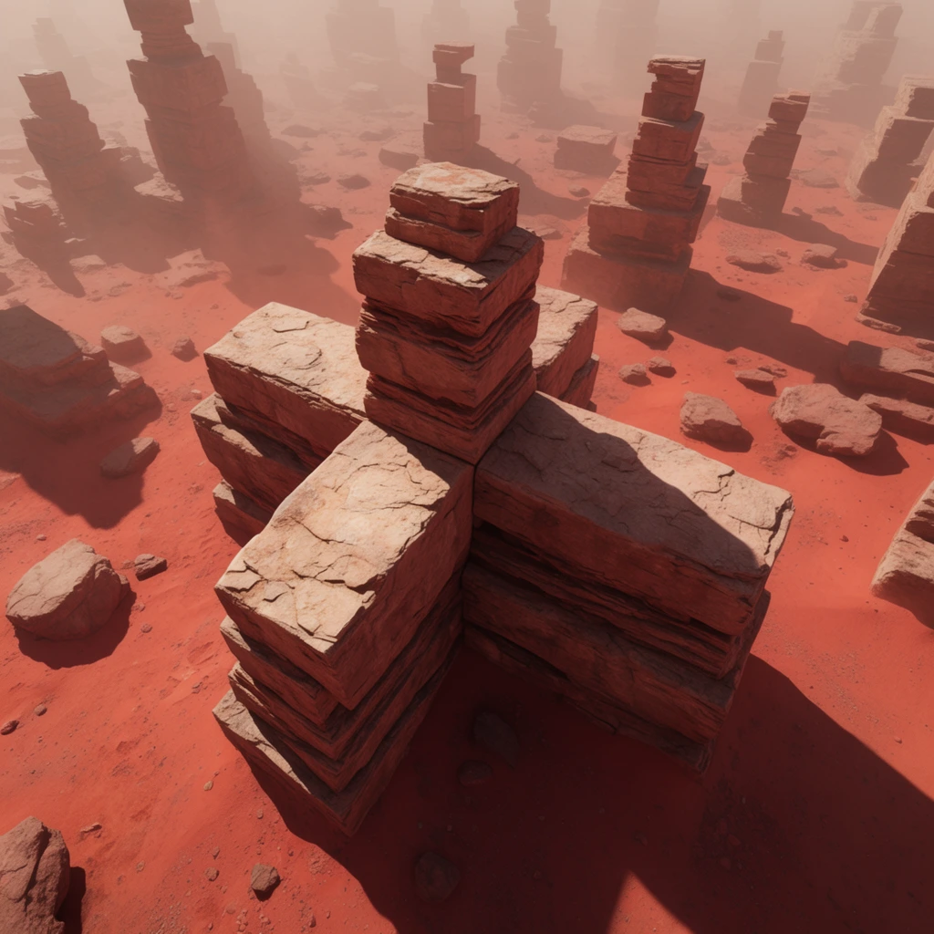 high-angle view of a desolate red desert landscape, surreal blocky rock formations, prominent stacked sandstone structure shaped like a cross in the foreground, weathered rectangular stone layers, scattered voxel-like pillars fading into thick dusty haze, loose boulders on reddish-orange sand, harsh directional sunlight casting long sharp shadows to the lower right, volumetric dust, atmospheric depth, photorealistic 3D render, highly textured stone