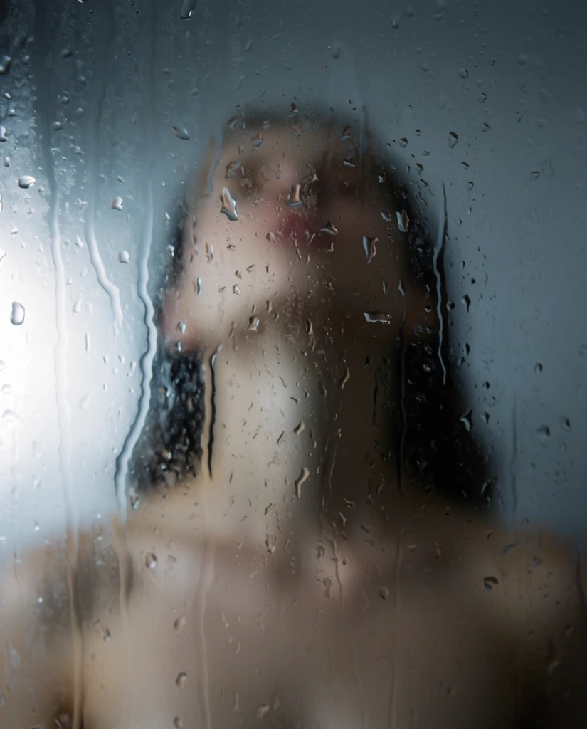Sharp water droplets and irregular vertical streaks of condensation cling to a glass pane in the extreme foreground. Through this wet, textured surface, an out-of-focus figure is visible in the background. The softly blurred person has bare shoulders, dark hair, and a head tilted back to expose the neck. A very shallow depth of field keeps the foreground water in crisp macro focus while rendering the human form as an ethereal shape. Diffused, cool-toned lighting features moody greys, muted blues, and a bright, glowing highlight illuminating the left side.