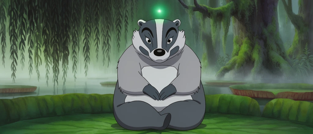 A rotund, silver-furred badger sits cross-legged in deep meditation atop a giant green lily pad. A glowing emerald spark hovers just above its head, casting a soft light over the creature's stoic, focused expression. The badger has a thick, rounded body with dark grey eye markings and a pale belly, resting its paws neatly in its lap. The serene, misty swamp environment is framed by drooping weeping willow branches on the left and moss-draped trunks in the background. Rendered in traditional 2D animation style, the character features crisp cel-shaded outlines that contrast with the highly detailed, watercolor-painted natural background filled with soft atmospheric mist.