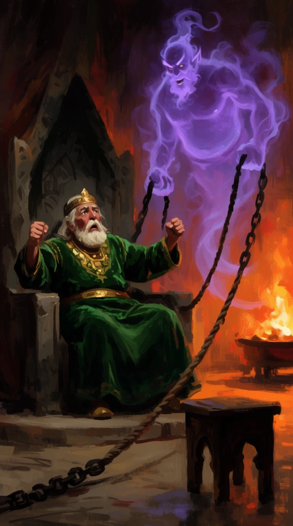 An elderly monarch in a green velvet tunic and golden circlet recoils in a shadowy stone throne, fists clenched in awe. Looming above is a towering, semi-transparent purple djinn formed of swirling smoke, dragging heavy anchor ropes across the floor. The dim hall is dramatically illuminated by a roaring brazier on the right, casting a fierce orange glow onto a dark wooden stool in the foreground. Rough, expressive brushstrokes define the impressionistic composition, employing stark chiaroscuro to contrast the cool violet apparition with the fiery ambient environment.
