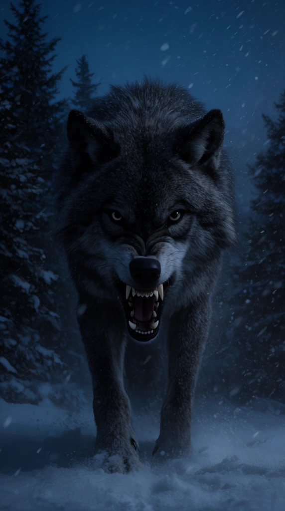massive dark grey wolf snarling directly at camera, bared fangs, heavy snow blizzard, dense pine forest background, cinematic low key lighting, deep blue twilight, dramatic photorealism