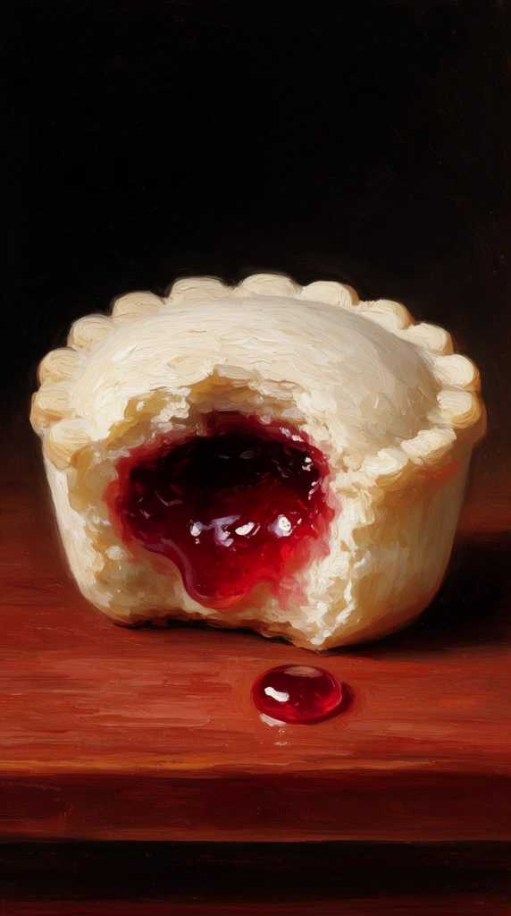 oil painting of a round white crustless pastry with a single bite removed, thick impasto brushstrokes, glossy translucent crimson jam oozing from the center, scalloped crimped edges, single glistening droplet of red preserve resting on the surface below, reddish-brown wooden table, pitch-black background, dramatic chiaroscuro lighting, classical still life composition, rich warm earth tones, highly textured painterly style